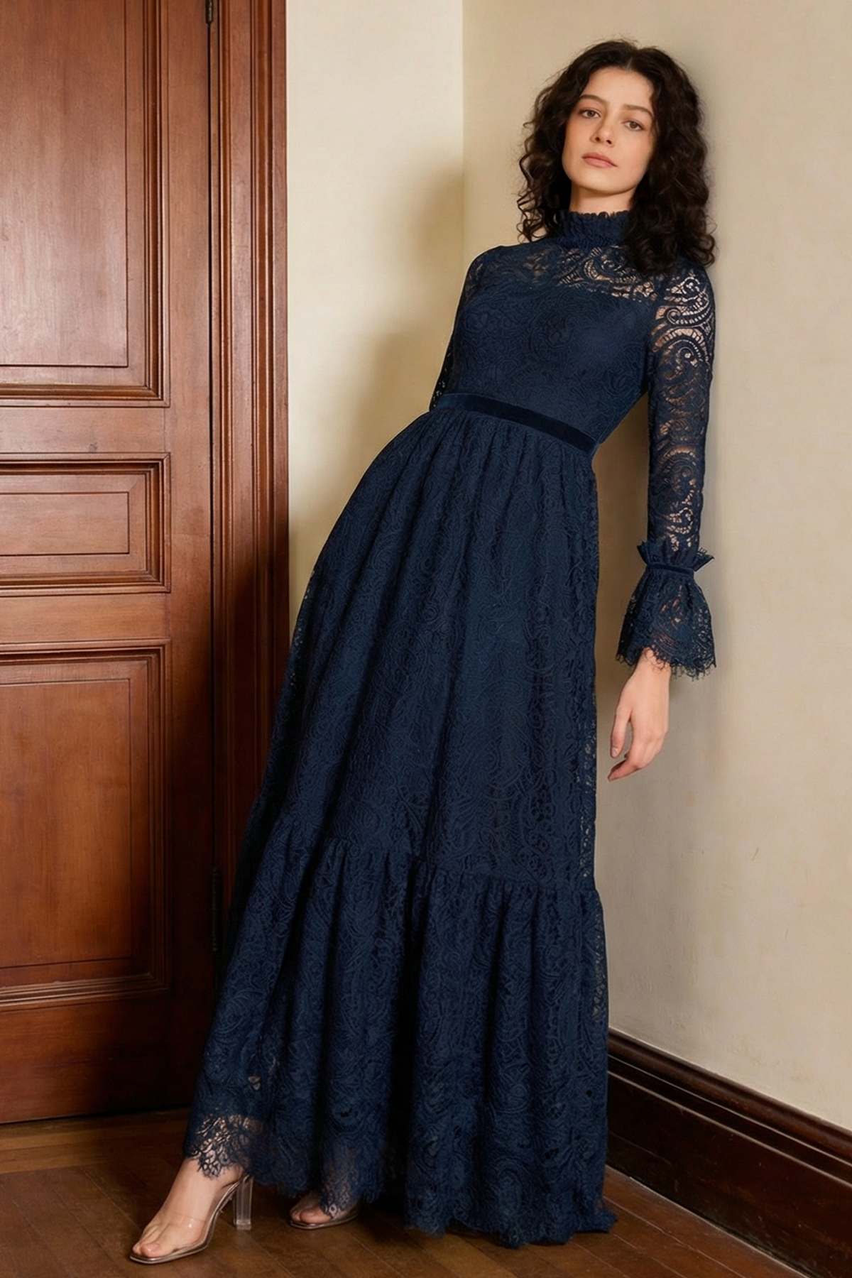 Lace Stand Collar Ruffle Maxi Dress