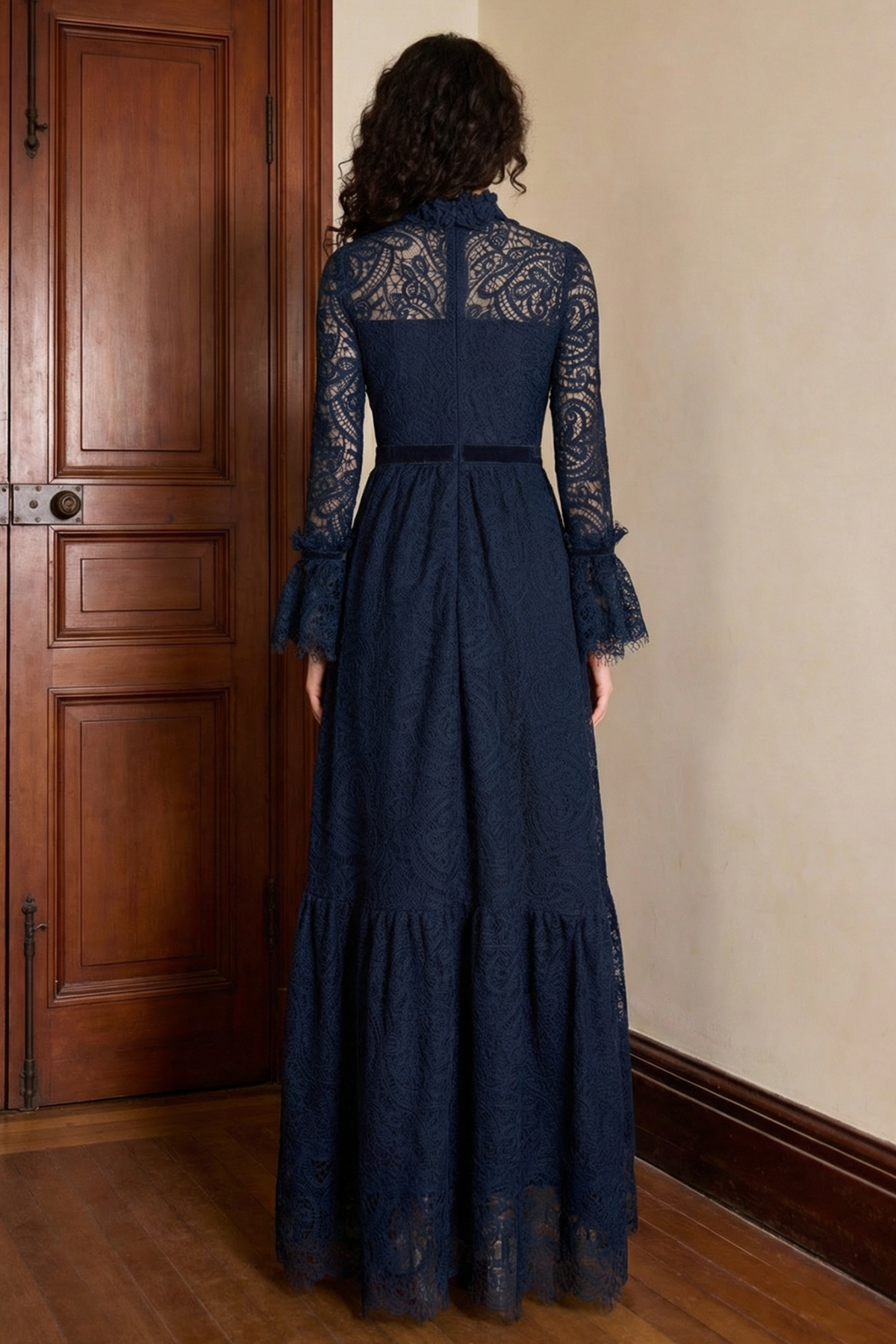Lace Stand Collar Ruffle Maxi Dress