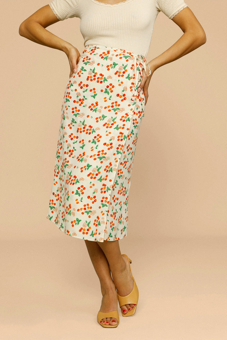 Silk Print Midi Skirt Red